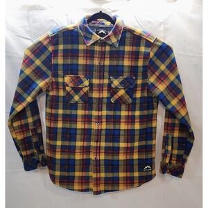 🔥 Massive Outdoors Yellow Red Brown Blue Polyester Plaid Flannel Size Large 🔥